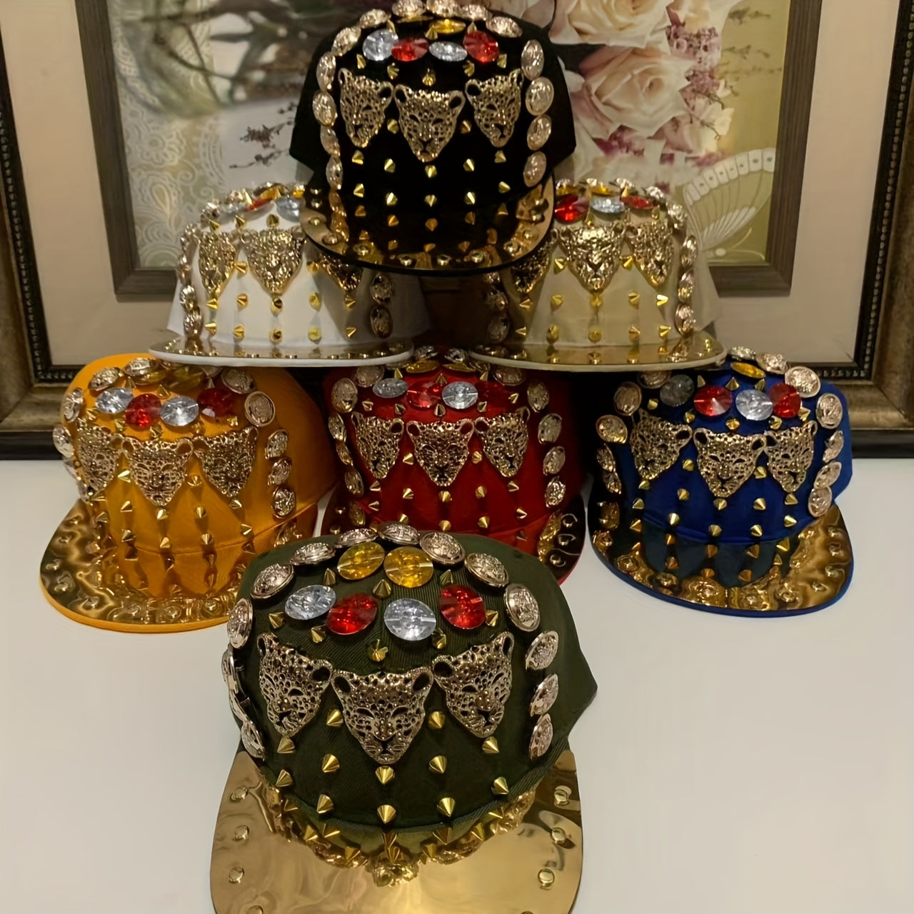 Unisex Punk Street Style Adjustable Snapback Cap with Golden Spikes & Gemstone Embellishments - Lightweight Handmade Hat for Men & Women, Casual Outings, Concerts, Festivals, Punk Accessories
