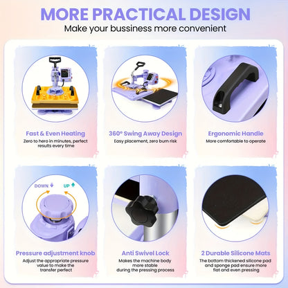 15"x15"/15"x12" - 8in 1/5in 1 Heat Press Combo, Rotatable Design, Multi-Size Transfer Professional Sublimation Kit, Suitable for T-Shirts, Bags, Pillows, Hats, Beanies, Rollers - Three-in-One Automatic Hat Press Only for Hats