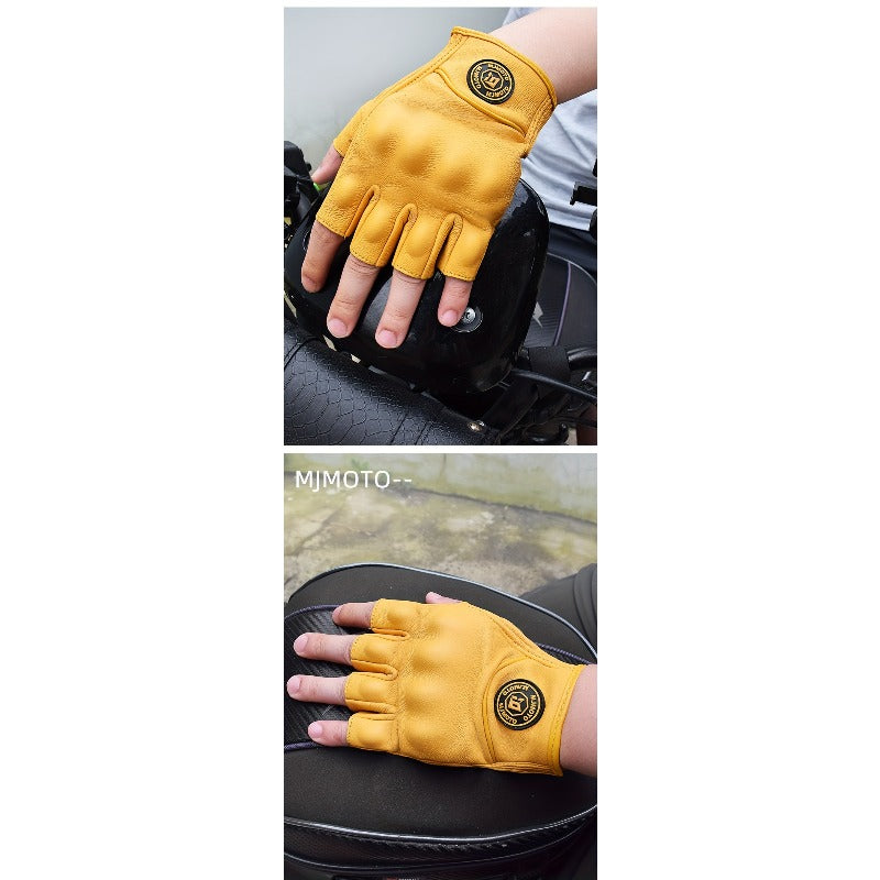 Men & Women' Retro Motorcycle Half-Finger Gloves - Yellow Breathable Riding with Hook-and-Loop Closure, Suitable for Motorbike, Dirt, Scooters, Commuting - Half-Finger for Throttle