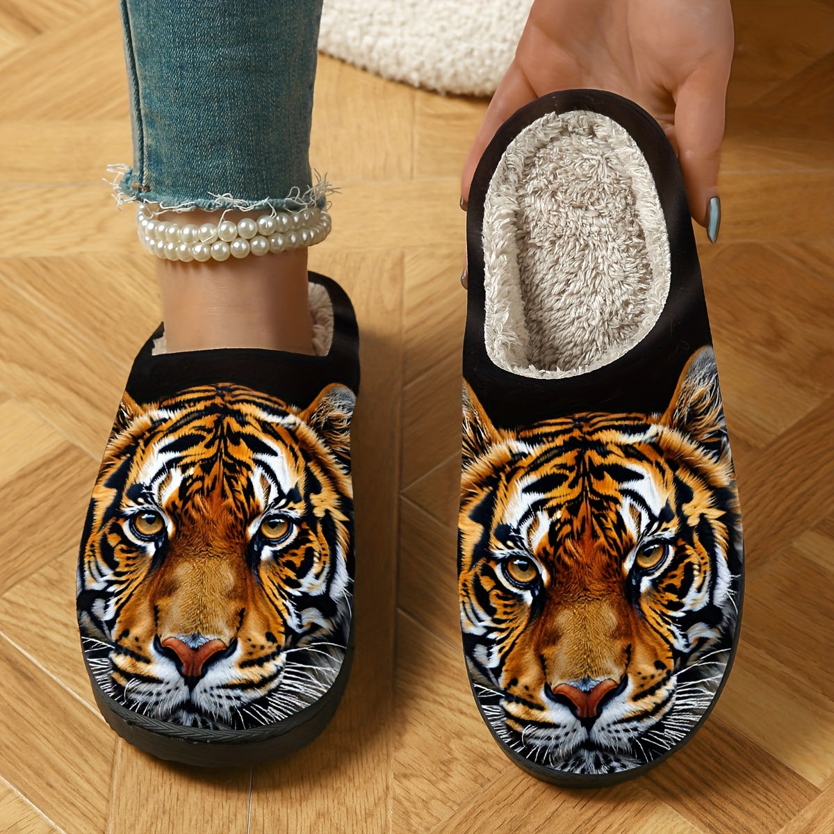 Women's Plush Thickened Winter Slippers with Tiger Face Animal Print - Soft Fabric Indoor House Shoes, Machine Washable Cozy Warmth for Cold Floors, Casual Elegant Design, EVA Cushioned Sole