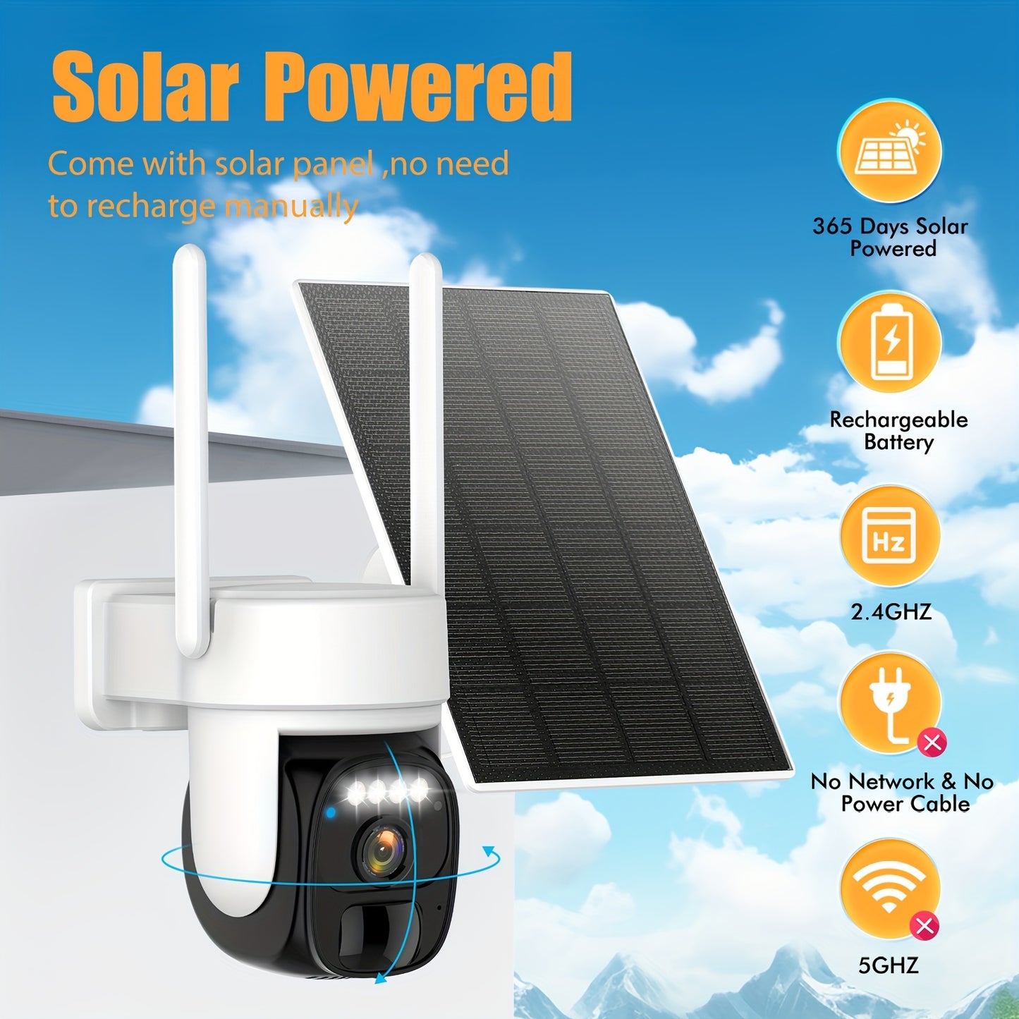 7pcs Solar Powered Outdoor Security Cameras with AI Motion Detection, 1440P HD, 360° PTZ, Solar-Powered Wireless WiFi Cameras with Two-Way Audio, Color Night Vision,, Business, Driveway, Garage - Cloud Storage Included