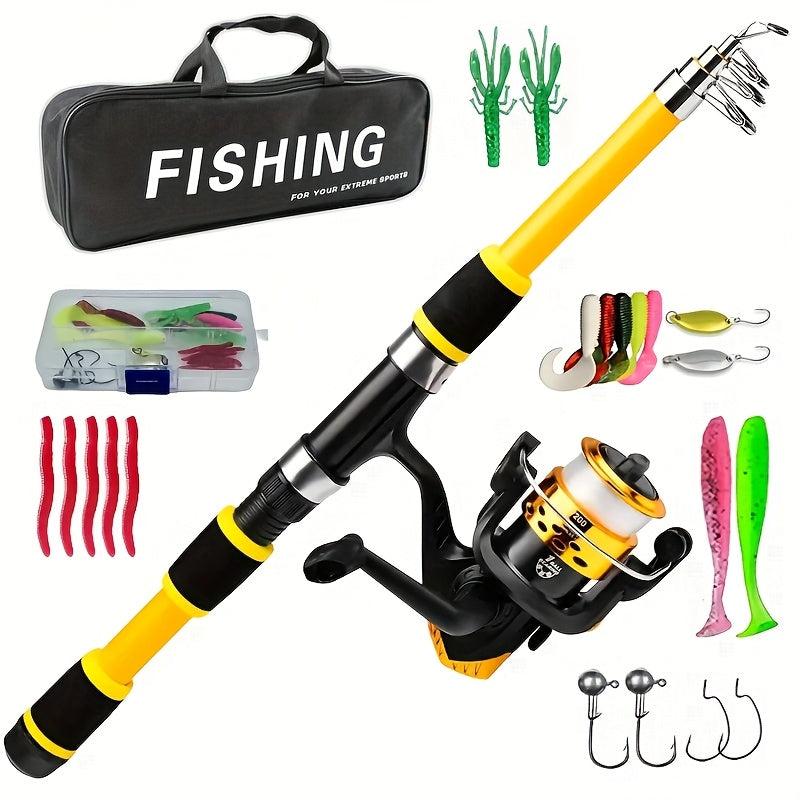 [Portable Fishing Rod Set] Portable All-in-One Fishing Gear Set | Telescopic Fishing Rod with Rotating Reel, Bait Hooks, Travel Case, Storage Bag, Soft Bait T-Shaped Tail Pre-Wound Spool Kit
