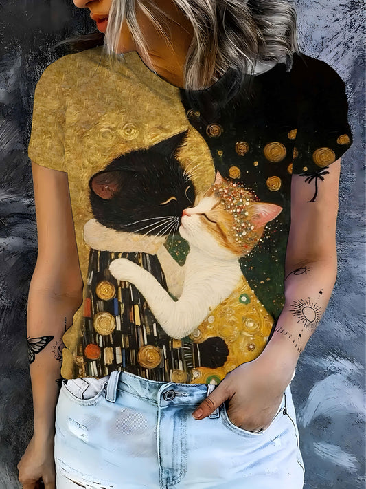 Plus Size, Women'S 3D Retro Floral Cat Art Print T-Shirt - Vibrant Yellow Round Neck Short Sleeve Top with Black & White Cat Kissing Design, Soft Texture Fabric, Machine Washable Casual Tee for Fall & Casual Attire, Vintage-I