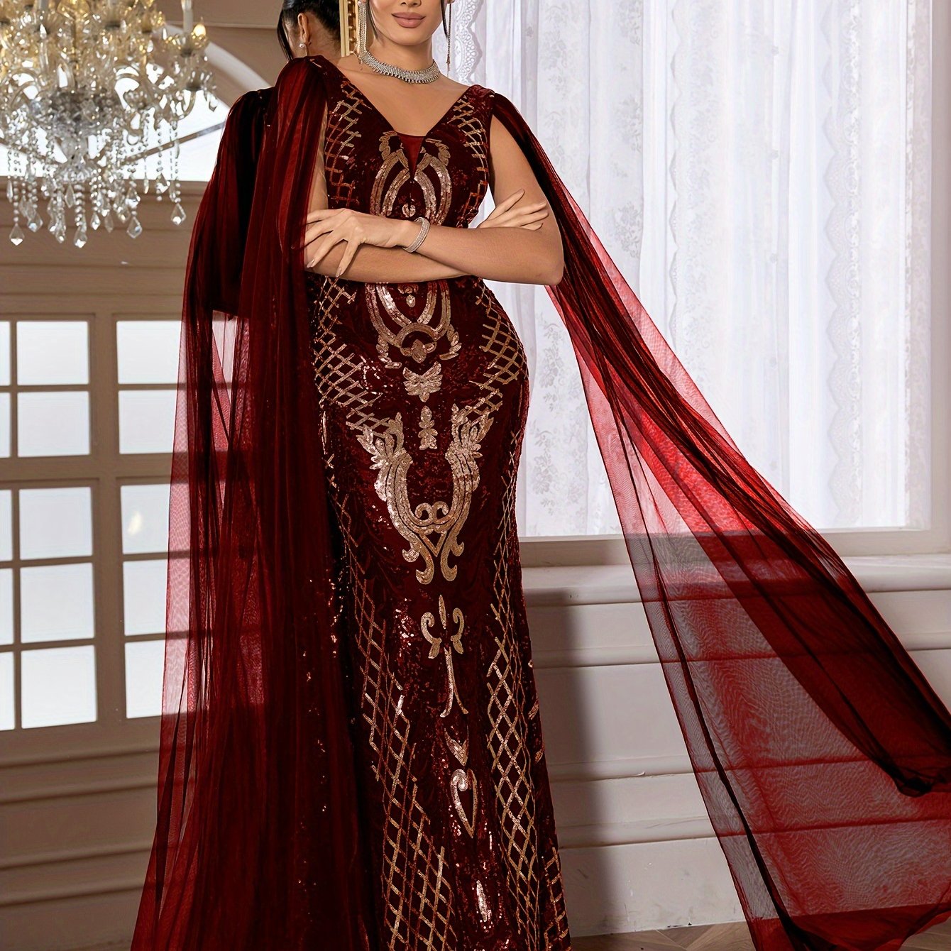Fitted Dress - Sequin - V-Neck