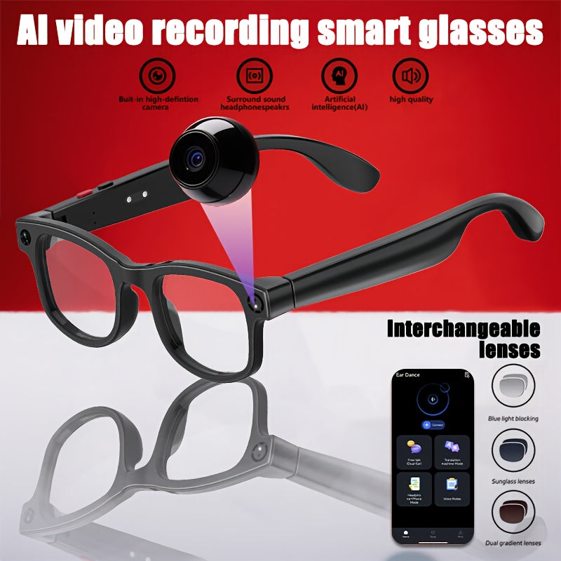 1080P Smart AI Camera Glasses with AI- Translation & Wireless Voice Calls, Interchangeable Lenses, Wireless Smart Glasses, HD Recording, One-Touch Button for Men/Women, /, Smartphone-Free Calling (Global Travel, Camera Stand