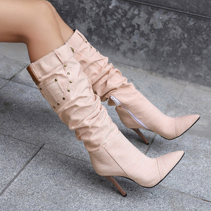 Women'S PU Cover Knee-High Boots with Studded Stiletto Heel, Pointed Toe & Slouchy Half-Zipper Closure - Ruched High Heel, Calf-to-Knee Length, Durable Rubber Sole - Versatile Western to Modern Booties for Casual to Formal Ev