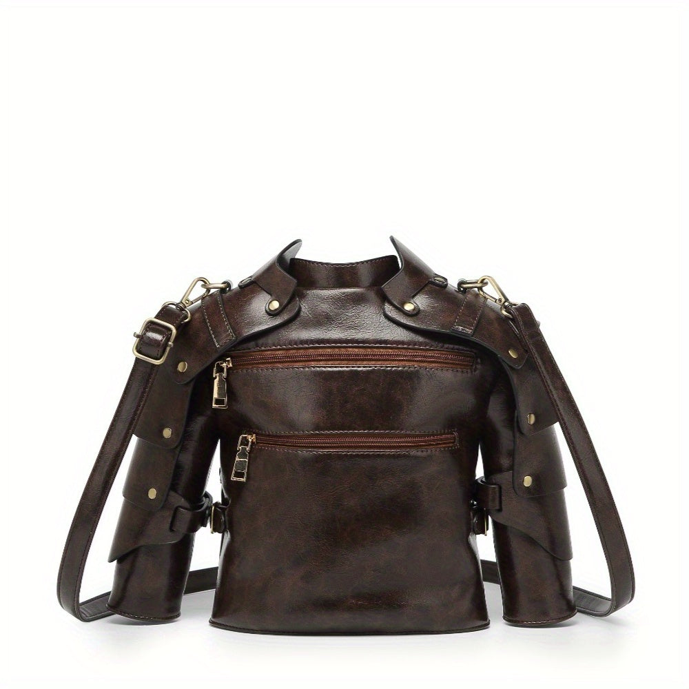 Punk Vintage Style Crossbody Bag Gothic Rivet Crossbody Bag - Double Zipper Pockets, with Adjustable Shoulder Strap, Dark Industrial Medieval Style, Armor Shaped Street Single Shoulder Bag for Men and Women