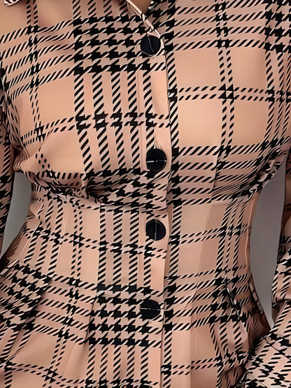 A Shirt Dress with a Houndstooth Pattern, Featuring Detailed Front Buttons And Pleats on The Front Placket.