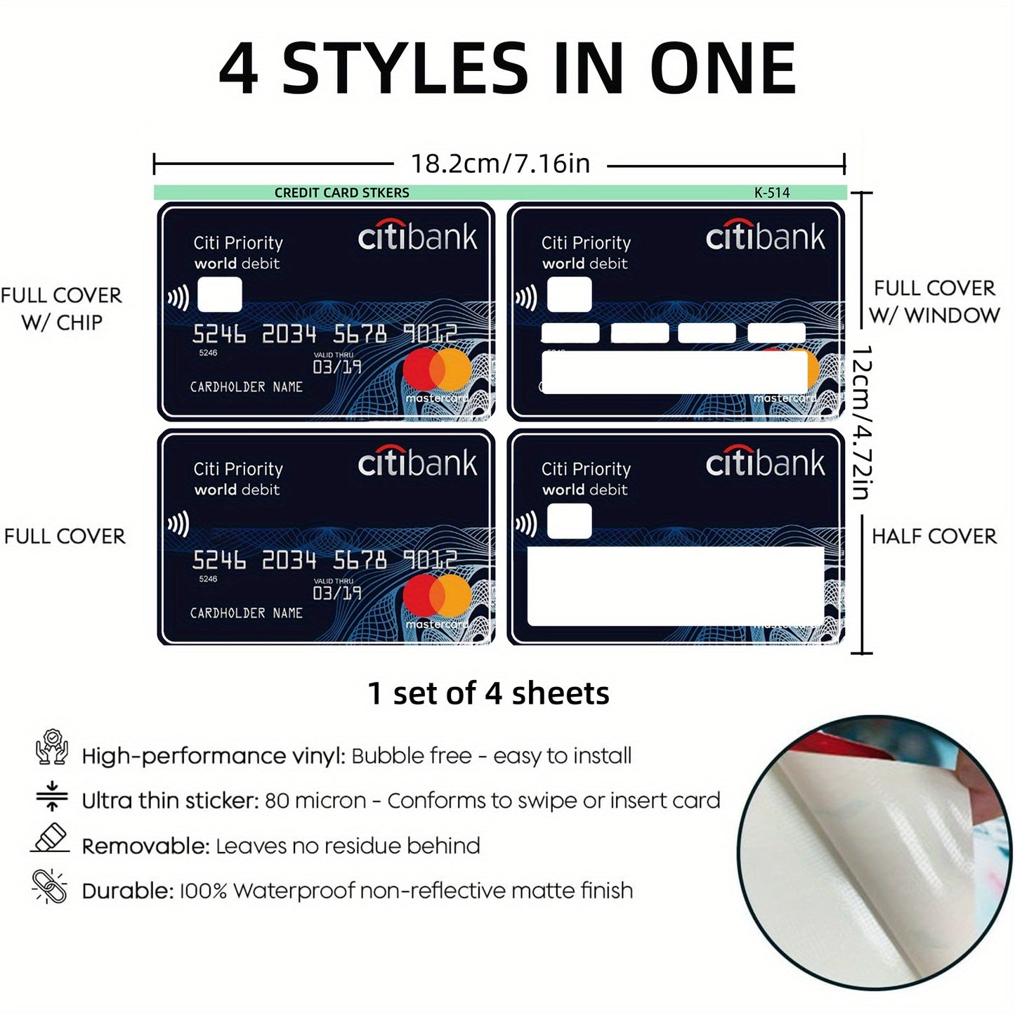 4-Pack Citibank Credit Card Decals, Thickened Matte Finish, Removable Self-Adhesive for Men and Women, Scratch and Stain Resistant, Simple Style PVC Material, Non-Woven