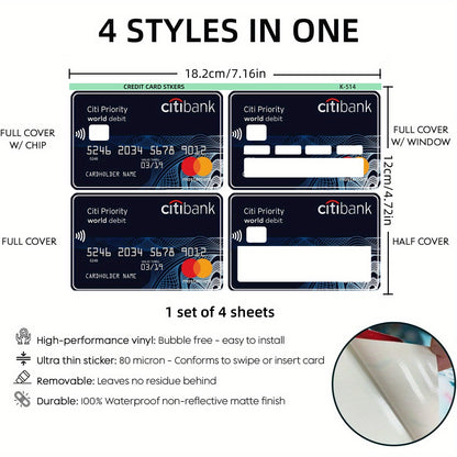 4-Pack Citibank Credit Card Decals, Thickened Matte Finish, Removable Self-Adhesive for Men and Women, Scratch and Stain Resistant, Simple Style PVC Material, Non-Woven