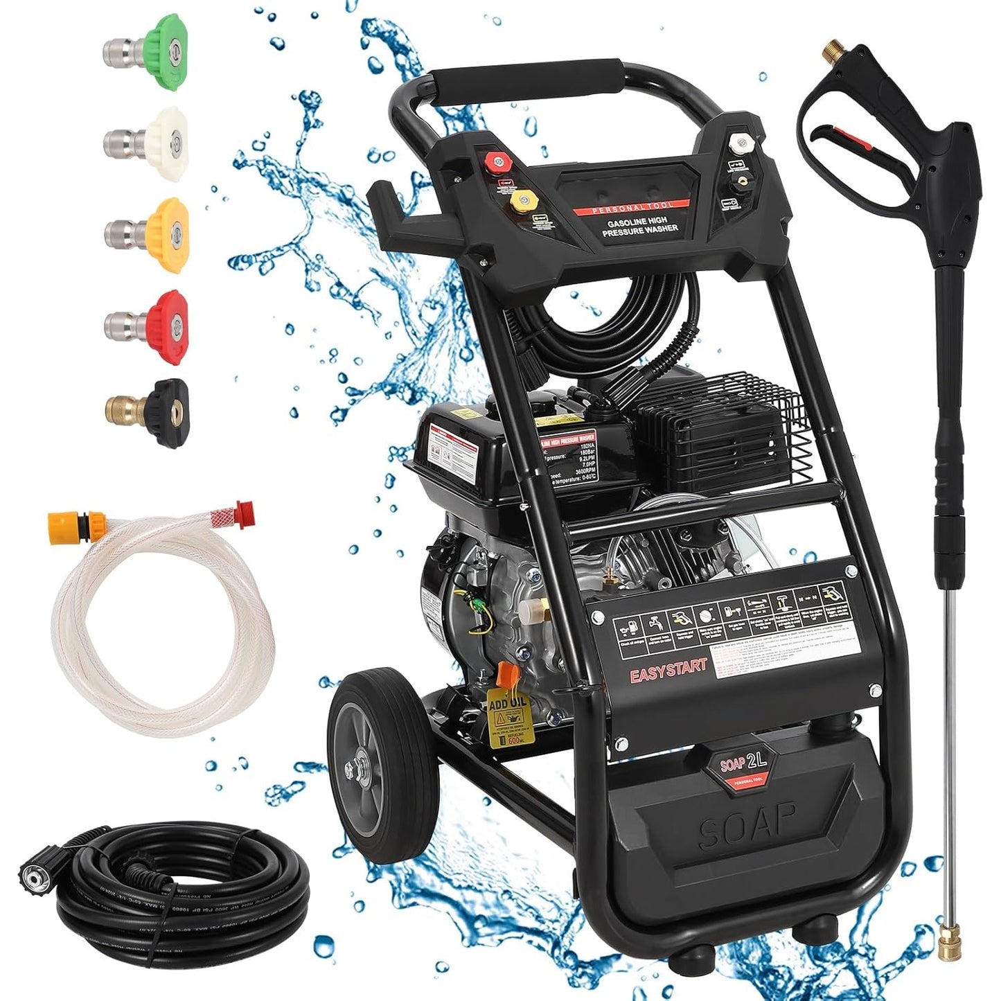 3600 PSI Gas Pressure Washer, 2.4 Max GPM, High Pressure Washer with 4 Quick Connect Nozzles, for Cars Fences Driveways Homes Patios Furniture