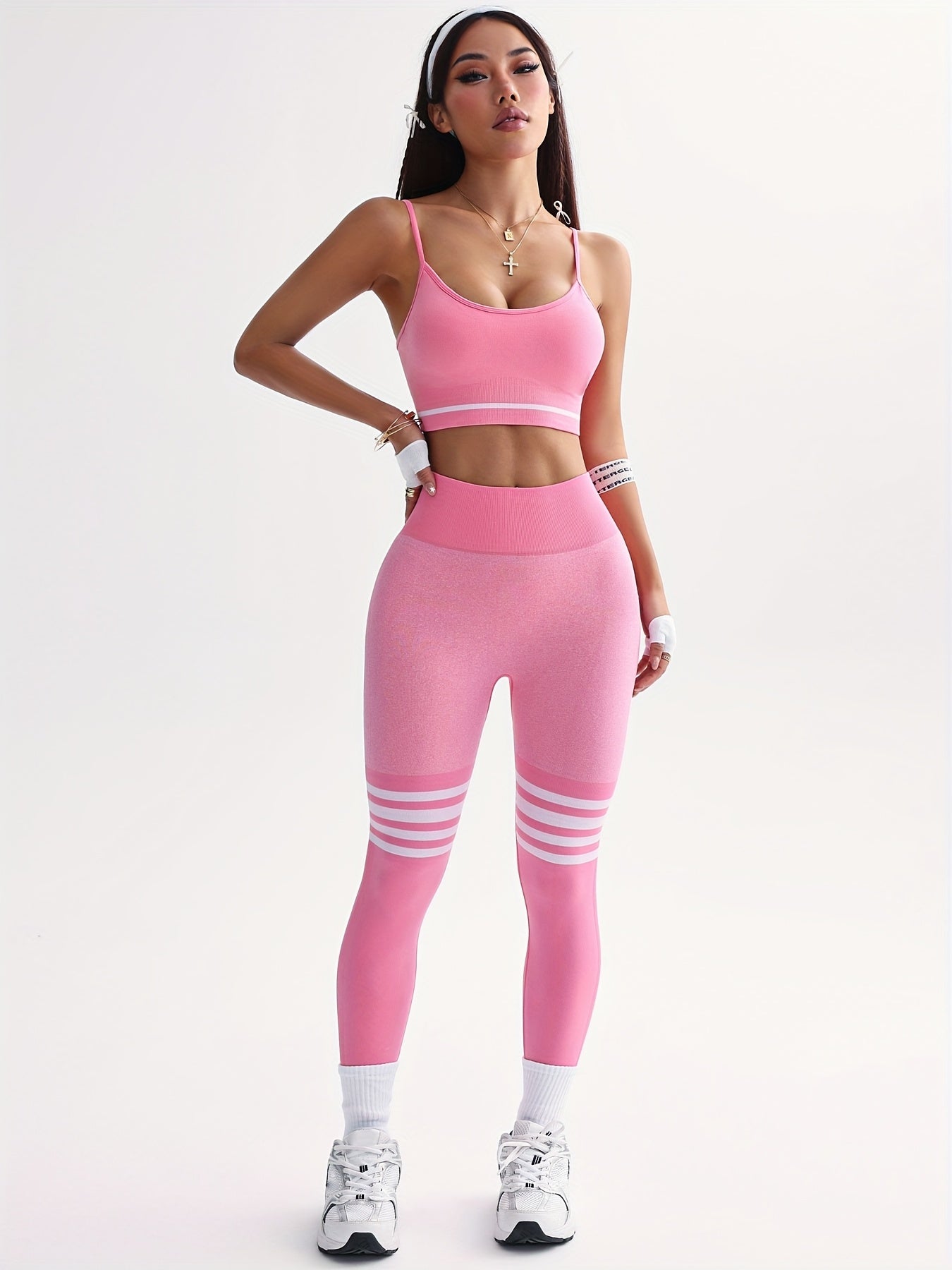 3pcs Women's Full Athletic Set - Seamless Striped Quick-Dry Sports Bra, Tight-Fitting Long Sleeve Gym Pants with Moai Panel Technology | High-Elasticity Moisture-Wicking Fabric for Running, Gymnastics, Training Outfit (All-Se