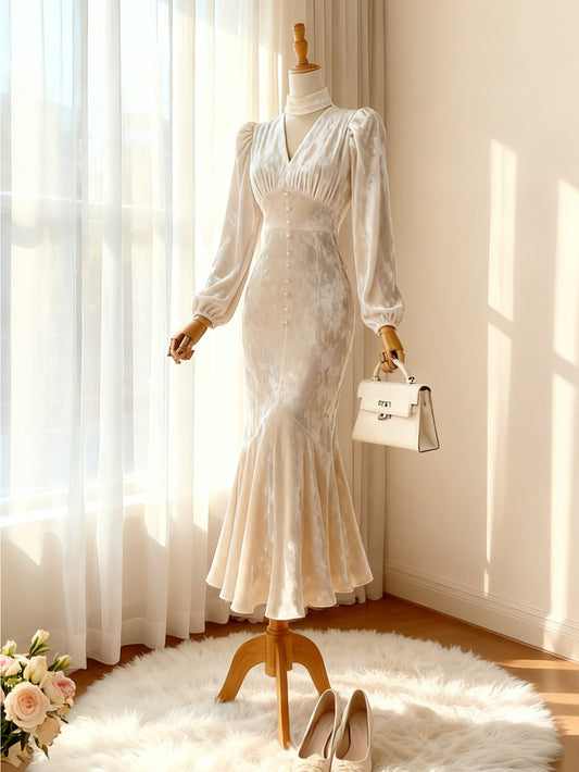 This Elegant Long-Sleeve Midi Dress Features a Mock-Neck And V-Collar Design, Perfect for Women. Its Retro And Exquisite Style Makes It Ideal for Formal Events, Romantic Outings, And Luxurious Afternoon Teas During The Fall A