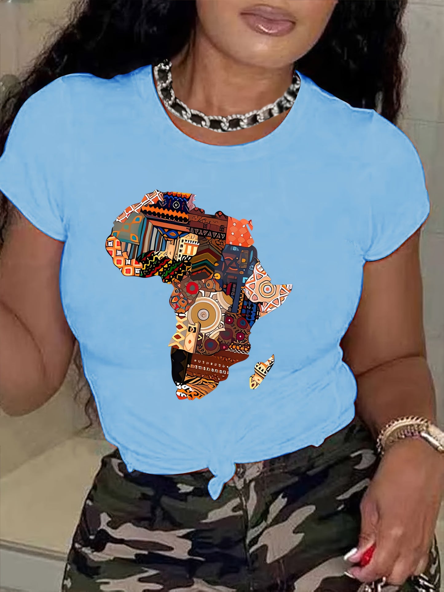 Women's African-Inspired Patchwork Print Casual Short Sleeve T-Shirt - Vibrant Red Round Neck Top with Cultural Motifs, Medium Stretch & Machine Washable for Spring/Summer, Casual Attire, Comfortable Fabric