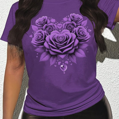 Plus Size Women'S Floral Print T-Shirt - Purple Rose Design, Casual Crew Neck, Short Sleeve, Lightweight & Breathable Summer Top, Regular Fit, Perfect for Casual Attire, Casual Summer Top | Floral Print Tee | Comfortable Fit