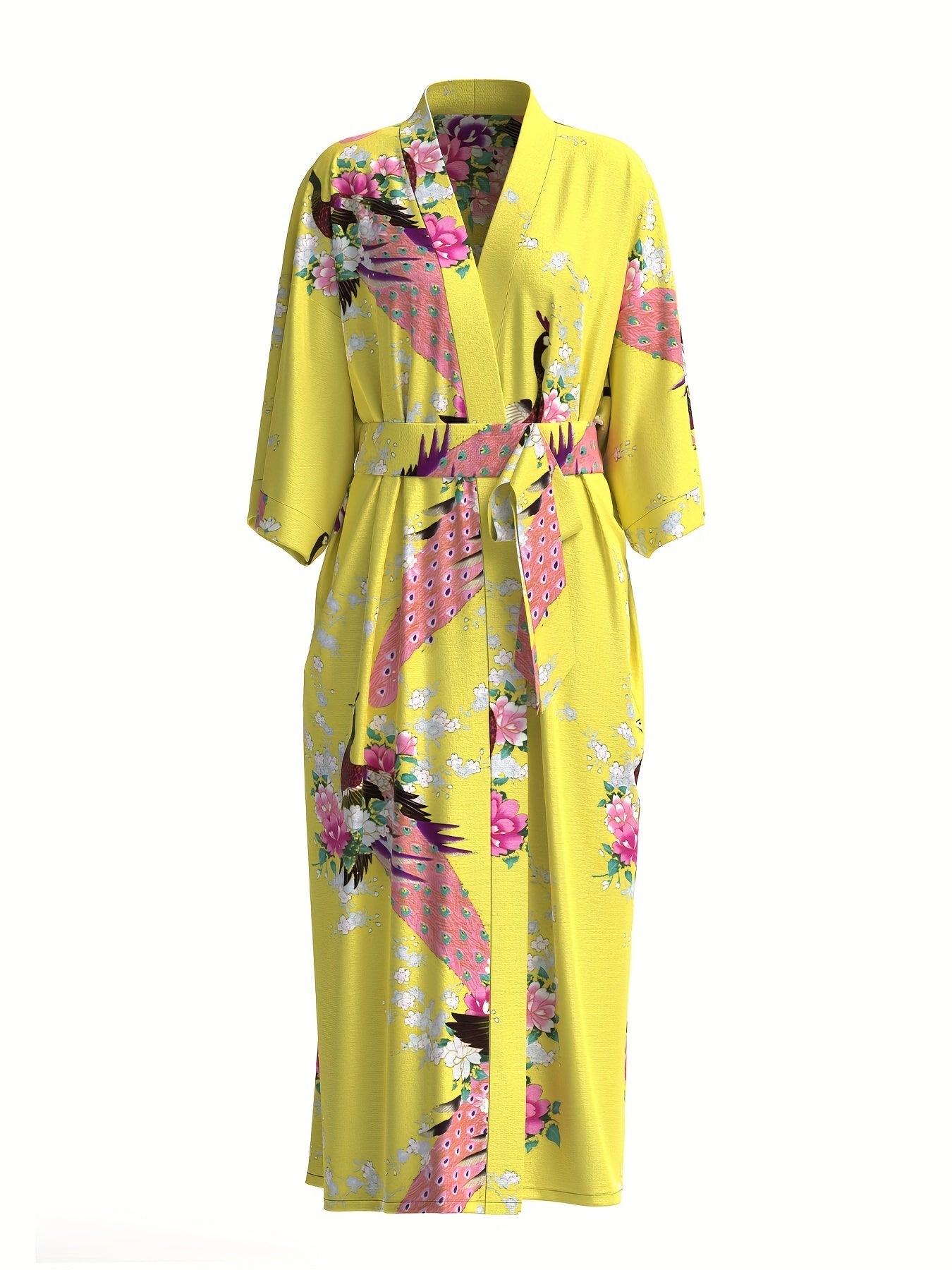 Elegant Floral Kimono Women's Robe - Soft and Light Beige-Friendly V-Neck Geometric Pattern All-Season Comfortable Casual Pajamas Pajamas