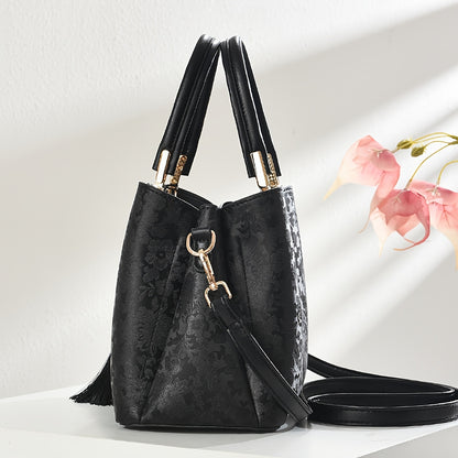 FKTSR Women's Elegant Floral handbag with Tassel - Convertible Shoulder Bag Clutch, Magnetic Closure, Olive Green//Black - Synthetic Leather Purse for Work, Wedding, Party - Perfect Gift for Women, Wedding Accessory, Quilted