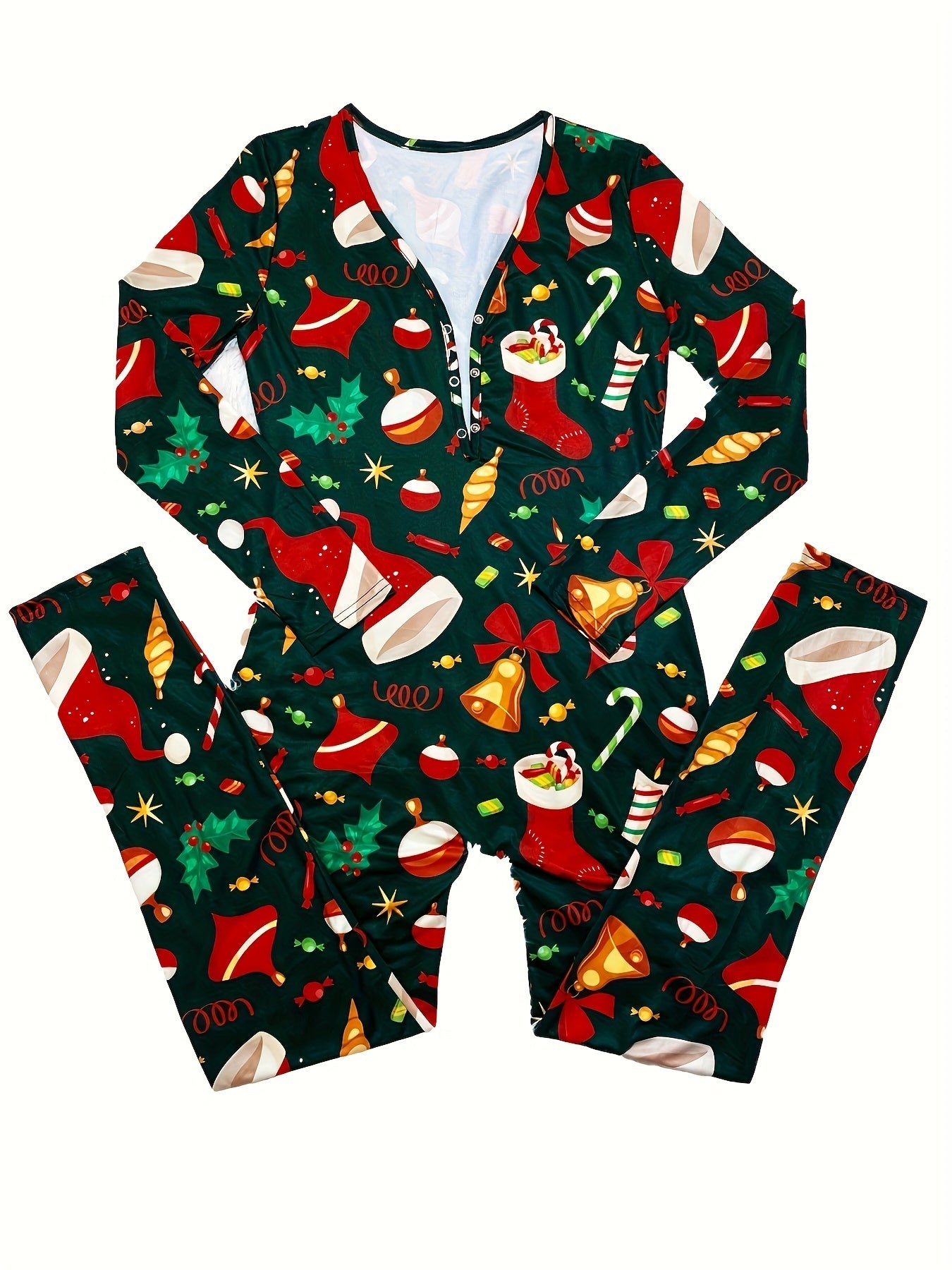 Women'S Christmas Print Lounge Jumpsuit - Sexy Long Sleeve V-Neck Button Front Sleepwear, Vibrant Holiday Design, Lightweight Summer Loungewear for Adults, Christmas Pajamas, Festive Loungewear, Playful Design, Comfortable Fi
