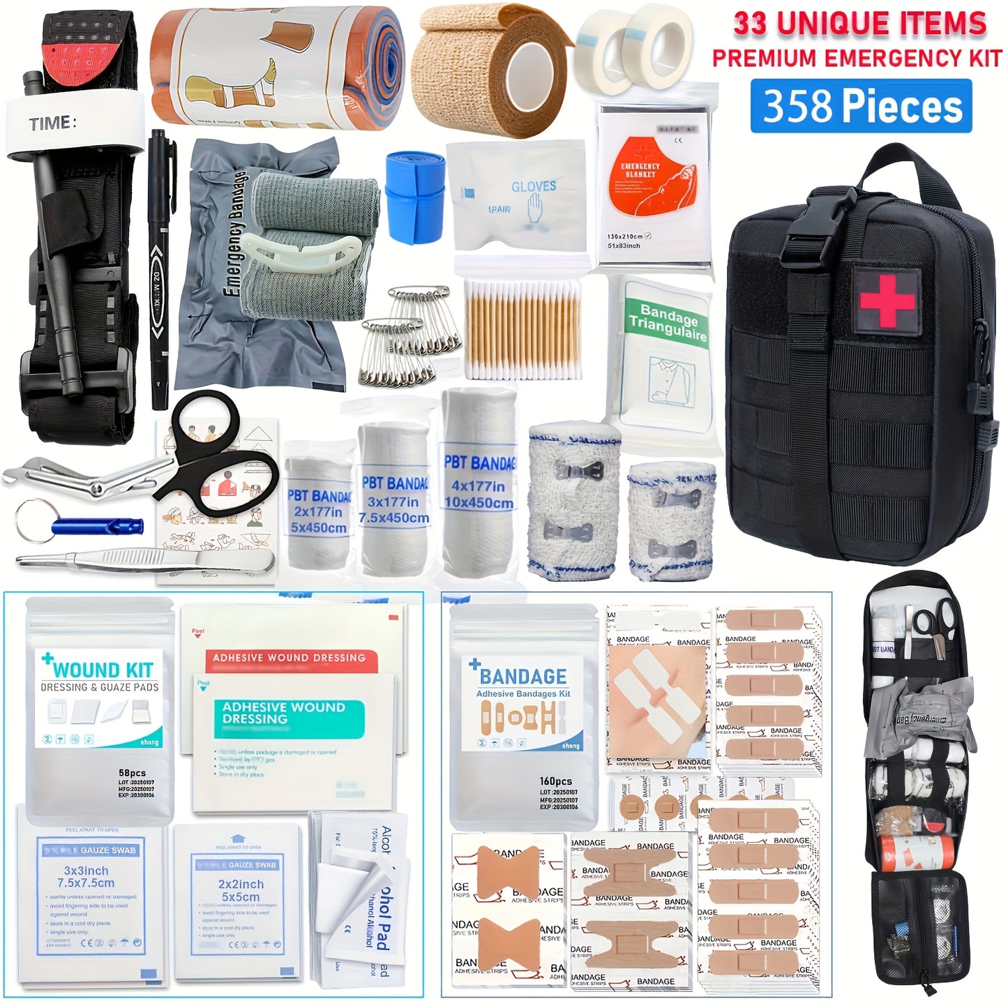 358pcs Survival First Aid Kit with Molle Pouch & MOLLE-Compatible Components - All-in-One Emergency Medical Supplies, Trauma Care Tools, Portable Outdoor Gear for Camping, Hiking, Home, Office - Ideal Gift for Men, Dad, Husba