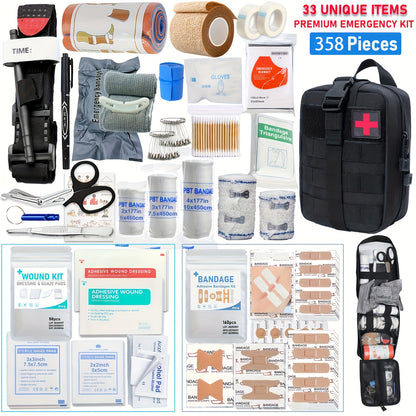 358pcs Survival First Aid Kit with Molle Pouch & MOLLE-Compatible Components - All-in-One Emergency Medical Supplies, Trauma Care Tools, Portable Outdoor Gear for Camping, Hiking, Home, Office - Ideal Gift for Men, Dad, Husba