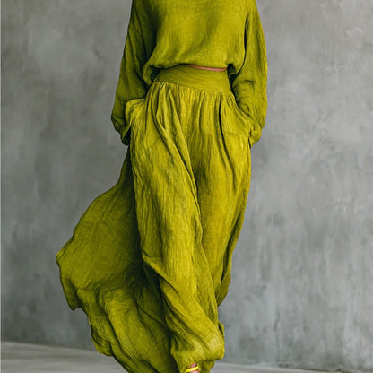 Yellow-Green High-Neck Loose-Fit Long-Sleeve Top + Wide-Hem Flowing Skirt Women's Elegant Set | Soft, Relaxed, and Effortless Vibe Perfect for Casual Outings & Lightly Sophisticated Commuting Looks