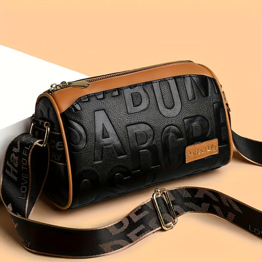 Casual  Crushed Lettering Handbag with Adjustable Strap & Zipper Closure - / Solid Color Multi-layer Shoulder Purse, Durable for,, Shopping