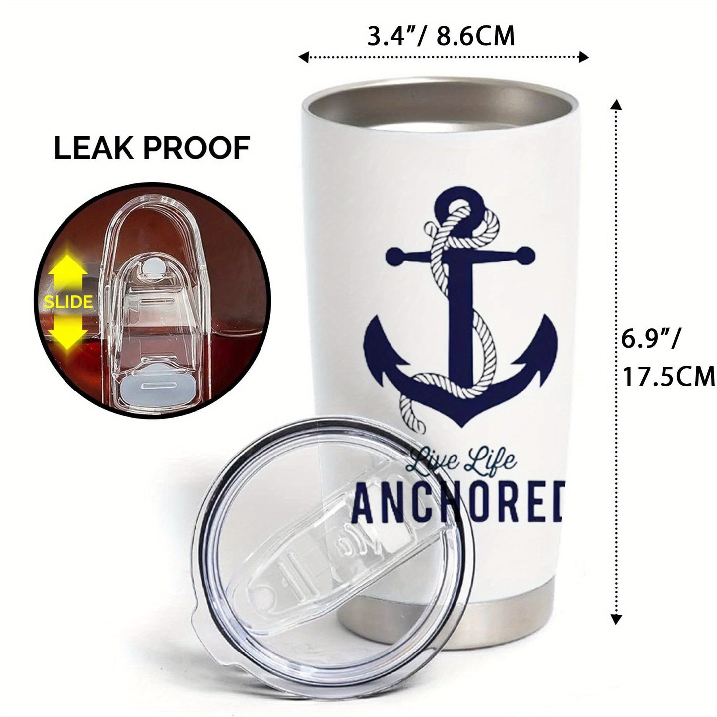 1pc 20oz Nautical Anchor Tumbler, Double Wall Vacuum Insulated Travel Mug with Spill-Proof Lid, Navy Blue Anchor & "Live Life Anchored" Design, Perfect Gift for Dad, Mom, Christmas, Birthdays, Office, Camping, Coffee Cup, Off