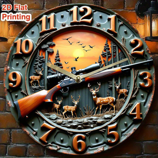 1pc Winchester-Inspired 12-inch Rustic Cabin Wall Clock - Silent Non-Ticking Quartz Movement, Vintage Hunting Decor with Rifle, Moose, Deer, Pine Trees & Sunset - Easy-to-Read Black Numerals - Perfect for Living Room, Cabin,
