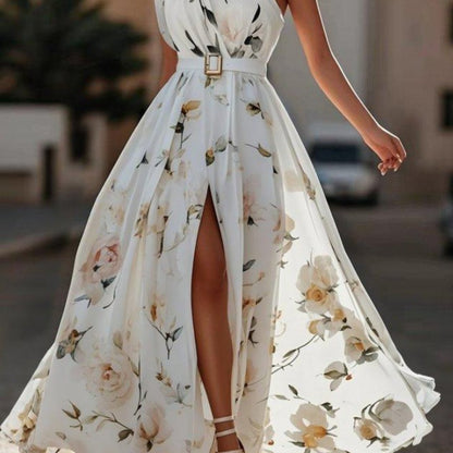 Plus Size, HERTALK Women's Off-Shoulder Digital Print Sleeveless Tank Dress with Belt Long Dress