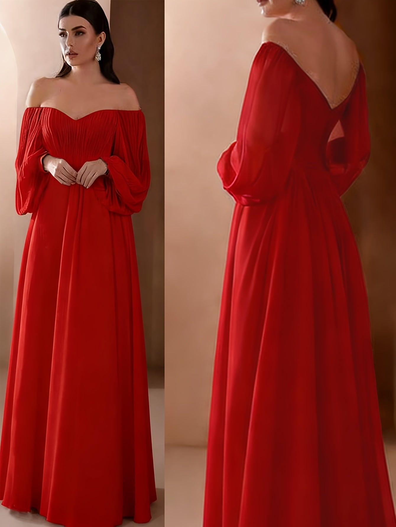 Women'S Elegant Vintage-Inspired One-Shoulder/Off-Shoulder Wedding & Party Dress - Long Sleeve A-Line Chiffon Gown with Puff Sleeve & Train Hem, Solid Formal Evening Gown for Spring Summer Fall, Loose Fit A-Line Silhouette, L