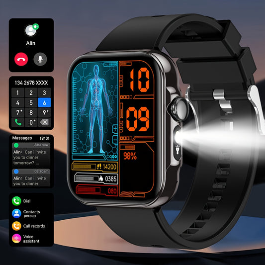 Men's Smart Watch with LED flashlight, IPX7 High Quality, Wireless calling and SMS reminder, 2.02-inch HD Large Screen, Sports Mode, Zinc Alloy, Outdoor Sports Smartwatch, Men's Watch, Compatible for iPhone and Android