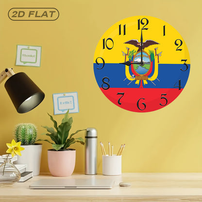 1pc Rustic Farmhouse Ecuador Flag Wooden Wall Clock, Silent Quartz Movement, Round Shape, AA Battery Operated (Not Included), Decorative Inspirational Timepiece for Kitchen, Bedroom, Living Room, Bathroom, Office - 2D Flat De