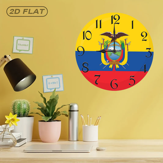 1pc Rustic Farmhouse Ecuador Flag Wooden Wall Clock, Silent Quartz Movement, Round Shape, AA Battery Operated (Not Included), Decorative Inspirational Timepiece for Kitchen, Bedroom, Living Room, Bathroom, Office - 2D Flat De