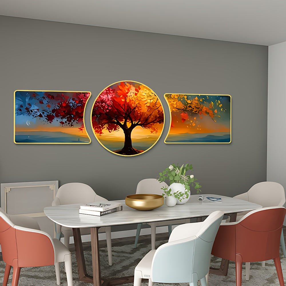 2D Flat, Three-piece Landscape Tree Wall Hanging Decoration, Waterproof Background Wall Decoration Painting, Light Luxury Style Wall Carving Decoration, Suitable for Home, Living Room, Office