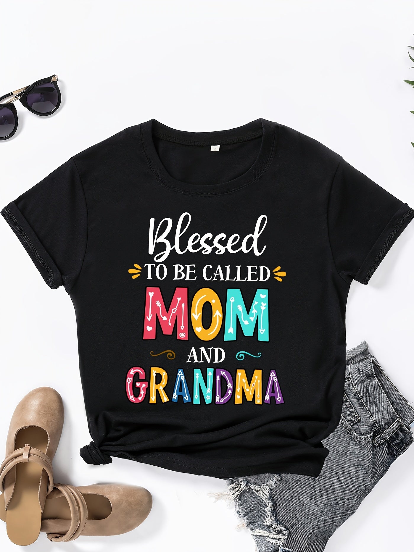 Mom Grandma Print Crew Neck T-shirt, Casual Short Sleeve Top For Spring & Summer, Women's Clothing
