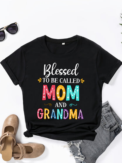 Mom Grandma Print Crew Neck T-shirt, Casual Short Sleeve Top For Spring & Summer, Women's Clothing