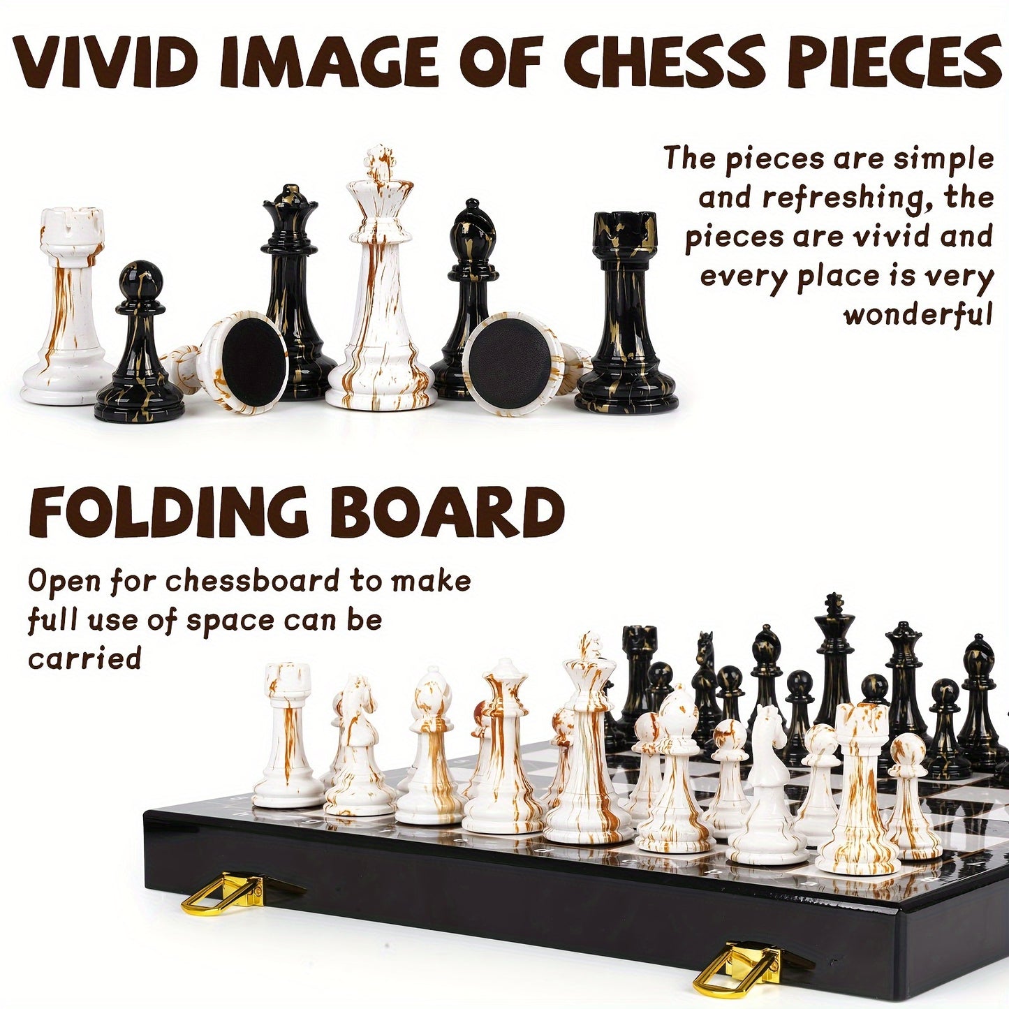 15" Large Chess Set for Adults with Weighted Acrylic Chess Pieces 3.5" King & Portable Folding Marbling Wooden Chess Travel Chess Sets Family Game Gift Elegant Classic Chess Game