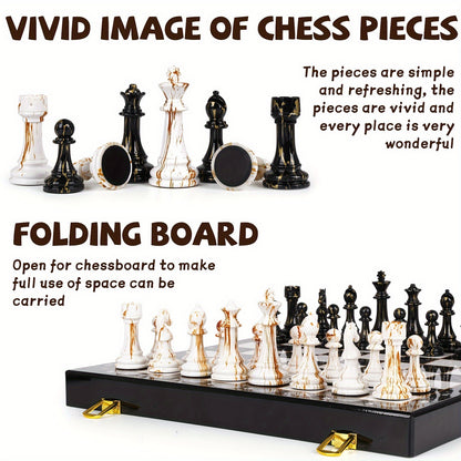 15" Large Chess Set for Adults with Weighted Acrylic Chess Pieces 3.5" King & Portable Folding Marbling Wooden Chess Travel Chess Sets Family Game Gift Elegant Classic Chess Game