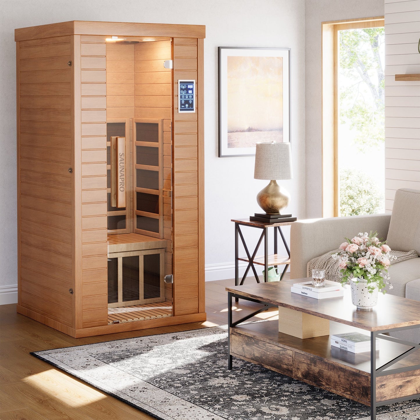 1-Person Sauna Room, Indoor Spectrum Infrared Sauna for Home, Dry Sauna with WiFi/BT Control and 5 Heater Panels, 9-Color Light Therapy, Safe Flame-Retardant Material, Wood Low EMF 1200W/120V Heater, Home Spa and Gym Use