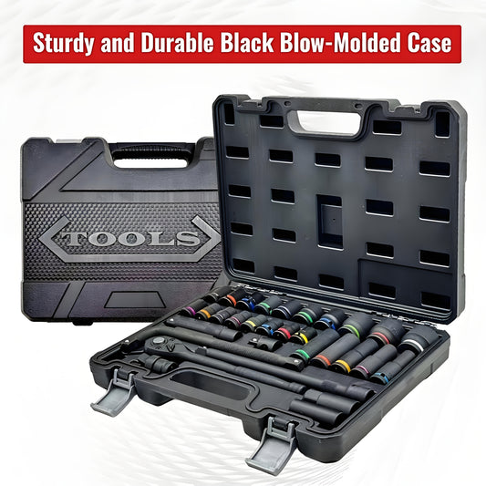 31pcs Heavy-Duty Pneumatic Tool Set with 1/2" Drive Thick-Walled Sockets, Air- Impact Wrench & Extended Tire Sockets - Fit for Car, Truck, Motorcycle, ATV, Repair - Professional Mechanic Tool Kit (No)