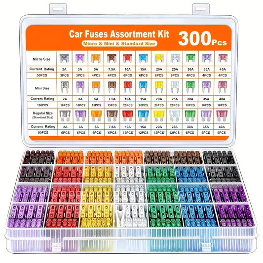300pcs Car Fuse Kit, Including 160 Mini Fuses, 90 Standard Fuses, 50 Micro Fuses, 1 Removal Tool - Aluminum Alloy, Mixed Colors, Uncharged, Suitable for Cars, RVs, Trucks, Motorcycles 2A 3A 5A 7.5A 10A 15A 20A 25A 30A 35A 40A
