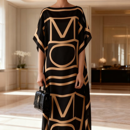 Plus Size - Elegant Black And Golden Geometric Letter Print Kaftan Dress - Comes with a Matching Headpiece | Ideal for Chic Everyday Outfits And Fashion Occasions