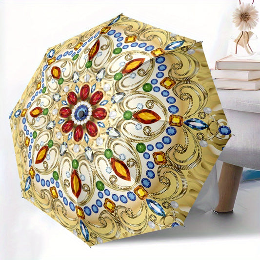 Automatic Open/Close Umbrella with Floral Pattern - Elegant Golden, Blue, Red, Green, White, Black, - Compact Folding Design, All-Season Portable Umbrella for Women & Men, Ideal Gift for Birthdays, Anniversaries, Travel - Aut