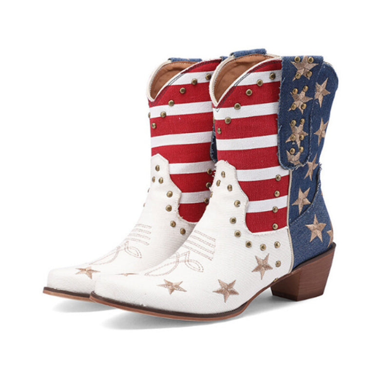 Women'S Western Cowboy Ankle Boots with Fringe & Studs - Two-Tone & Red Faux Cover, Chunky Mid-Heel, Round Toe, Pull-On Closure, Cushioned Insole & Arch Support - Western Boot for Casual, Formal, Everyday Outfits - 2025 New D