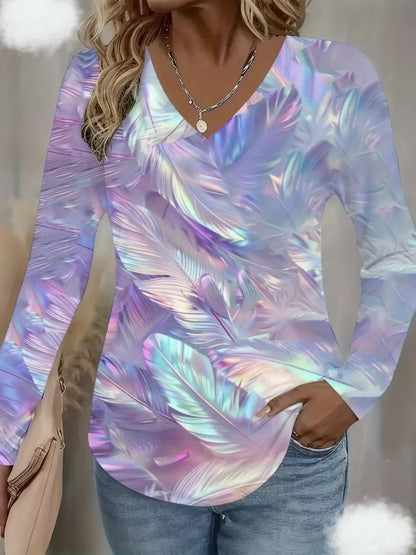 Ladies' Shimmering Iridescent V-Neck Long Sleeve Tee - Sparkling Multicolor Pastel Blouse in Pink, Purple, Blue, Green, And White, Suitable for All Seasons And Parties, Machine Washable - Similar to a Layered Top