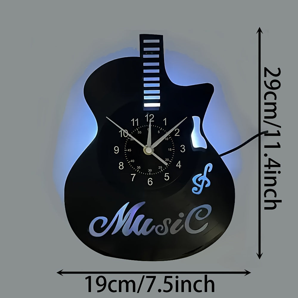 Handmade Guitar-Shaped Vinyl Record LED Wall Clock - Unique Musical Theme, Irregular Shape, Flat Crown, Digital Display, Battery Operated (AA Not Included) - Ideal for Living Room, Bedroom, Office, Music Room Decor - Perfect
