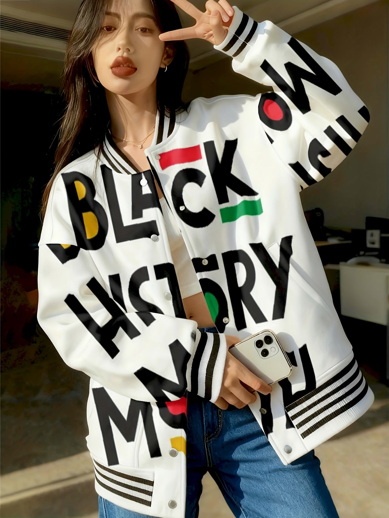 Women Baseball Jacket Black History Month Print | Full Print Streetwear Casual Outfit Fashion Statement Coat for Daily Wear and Events, Crew Neck, Regular Sleeve, Geometric-pattern, Slight Stretch Fabric