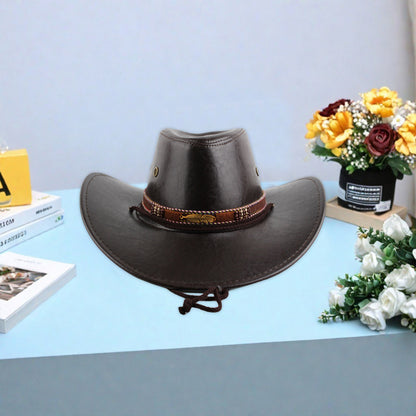 Women Men Western Hat Faux Leather Wide Brim Cowgirl Cap Sun Protection Hat for Outdoor Party