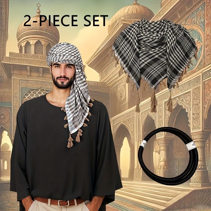 [Two piece set ]Arabic square scarf hanging on all sides with contrasting colors, Arab headscarf jacquard scarf, formal casual robe, clothing headscarf set, perfect gift for men during Ramadan, a choice for holiday gifts