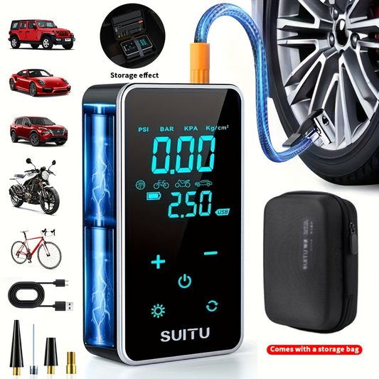 Portable cordless tire inflator, equipped with a digital pressure gauge and LED light for illumination. It is an air inflator suitable for cars, motorcycles, bicycles and balls, and comes with a storage bag and inflation acce